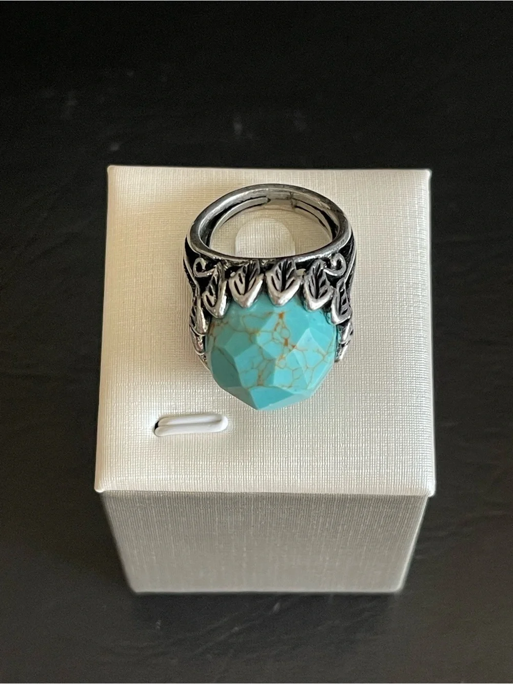Lucky brand Turquoise Statement Ring with Silver Leaf Setting .
